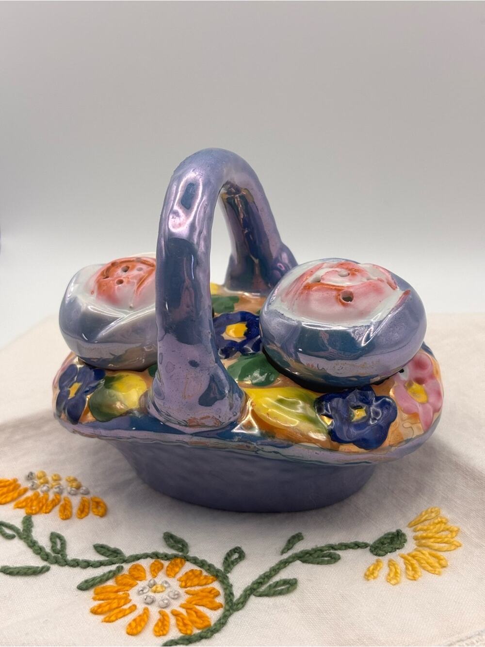 Vintage Flower Basket Shaped Opalescent Salt & Pepper Shaker Set